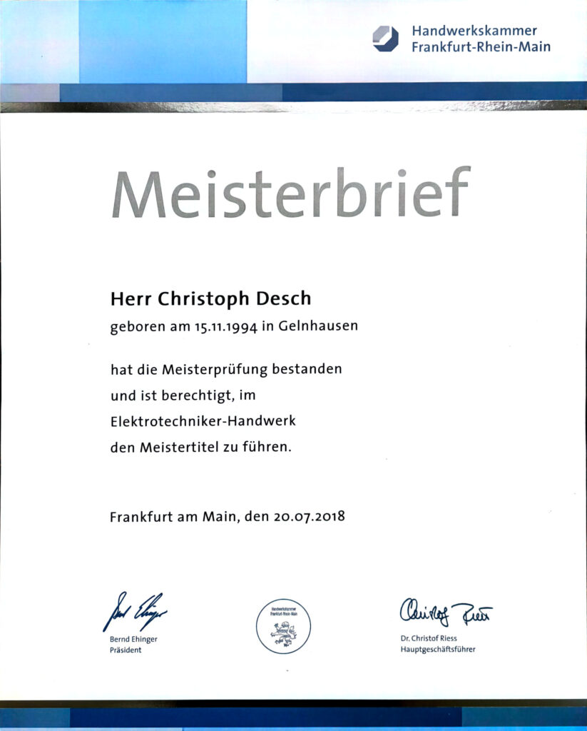 Meisterbrief von Christoph Desch